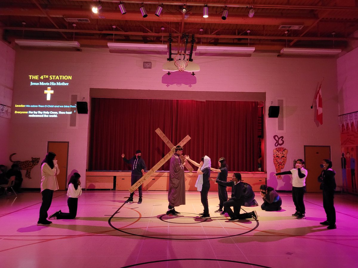 St Jean de Brebeuf Gr. 7 and 8 students finish their final rehearsal before tomorrow's Stations of the Cross Dramatization for the school community. <a href="/TCDSB/">Toronto Catholic District School Board</a>  <a href="/MICHAELaCACCAMO/">Michael A. Caccamo</a> <a href="/TCDSB_Peterson/">SO Peterson</a>