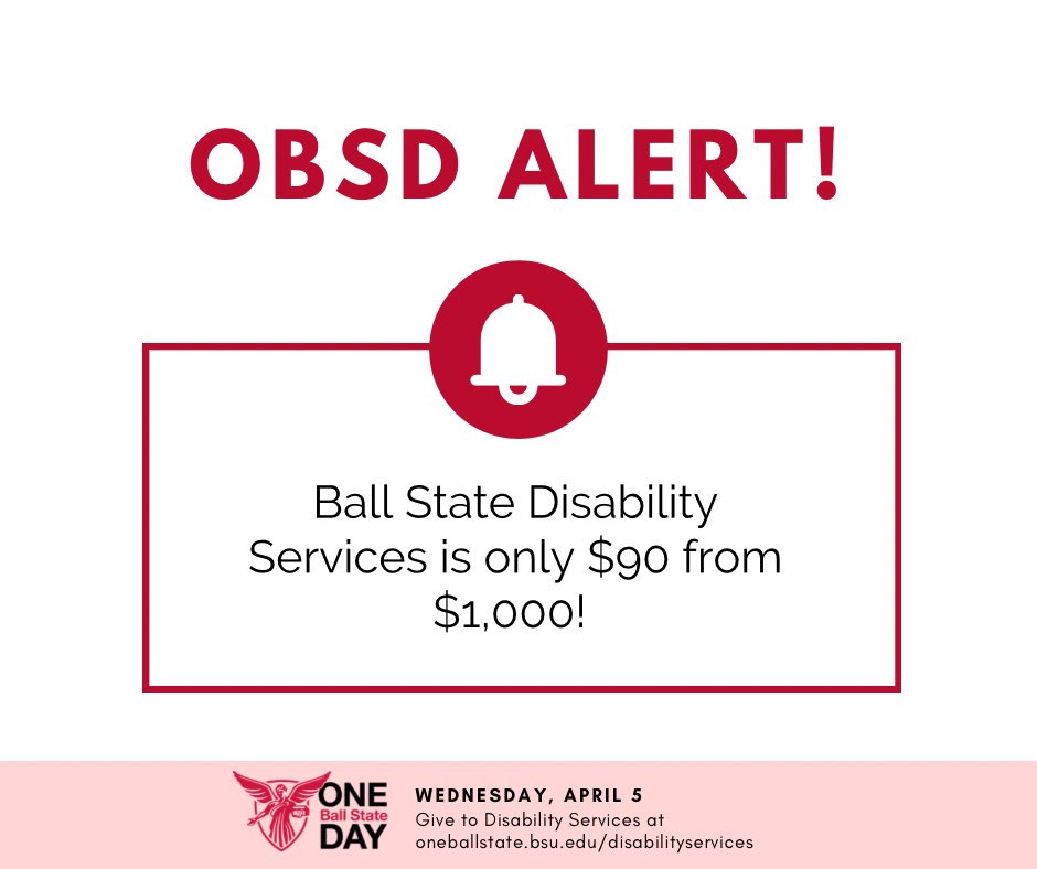 DSBSU's tweet photo. Wow! We’ve received 16 gifts, totaling $910! Only $90 away from $1,000!

We’re so overwhelmed with all the generosity! Gifts to DS help make BSU more accessible for students with disabilities!

Keep it going at https://t.co/F5ktdKBpLe

alt: OBSD ALERT! DS is only $90 from $1,000! https://t.co/YNEheYyBAM