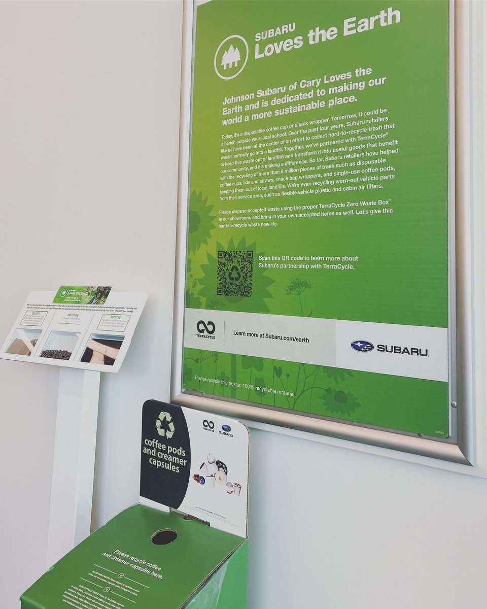 Happy Earth Month! #SubaruLovesTheEarth At Johnson Subaru, we collect hard-to-recycle trash generated in our showroom all year long to make sure it stays out of our landfills and our community. Be sure to check out our Terracycle boxes next time you visit the dealership!