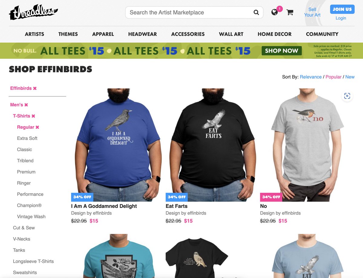 Effin' Birds (@effinbirds) on Twitter photo Don’t fall for the scammer in the replies, trying to sell you a knockoff printed from my tweet for more money than the real thing.
All my tees are just $15 at <a href="/threadless/">Threadless</a> right now. No discount code needed.
threadless.com/search?q=effin… Don’t fall for the scammer in the replies, trying to sell you a knockoff printed from my tweet for more money than the real thing.
All my tees are just $15 at <a href="/threadless/">Threadless</a> right now. No discount code needed.
threadless.com/search?q=effin…