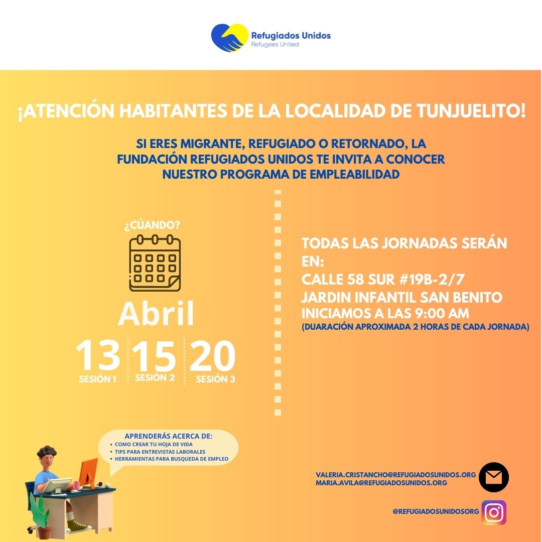 Si eres migrante, refugiado o retornado, la Fundación Refugiados Unidos te invita a conocer el programa de empleabilidad en la segunda sesión formativa que se llevará a cabo los días 13-15 y 20 de #abril del 2023, en la localidad de #tunjuelito 
#ElClasico #dolar