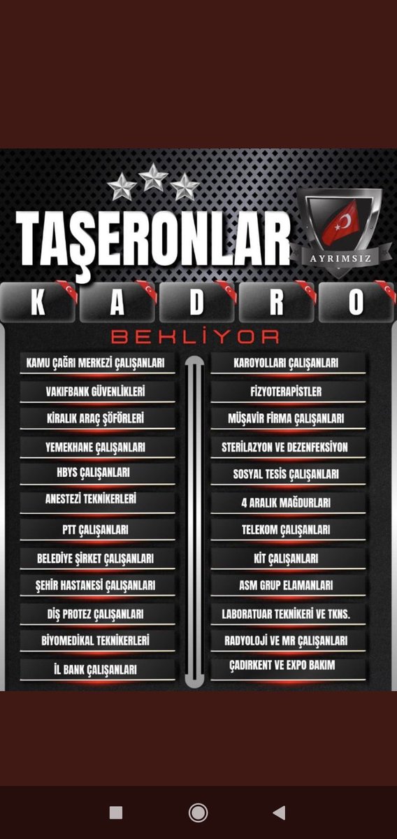 Kamuda taşeron olmaz!!!
Olmamalı!!
İkinci yüzyıla yakışır bir şekilde tüm taşerona kadro TaşeronunOyu KadroyuVerene olacak!!!