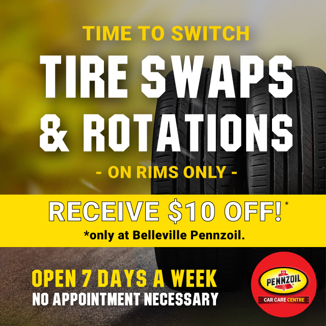 Take advantage of an amazing new service we're offering! Visit us today to get your tires changed over/rotated. Mention this promo when you visit, and get🔥 $10 OFF🔥 your tire swap & rotation service! On rims only.
#bellevilleontario #bellevillepennzoil #oilchange #bayofquinte