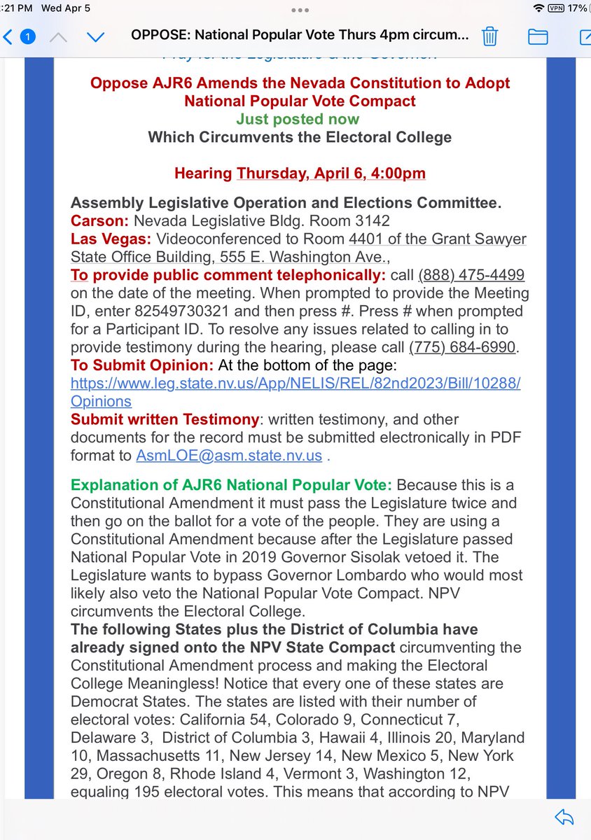 Gunz_go_boom's tweet photo. 🚨🚨🚨 NEVADA 👁 👁 on the Electoral College

#AJR6 just posted

Seeks to amend the Nevada Constitution to recognize National Popular Vote.

VOTE NO!!! 🚫NPV

NELIS, register, vote, share.

#nvlegis

https://t.co/ArsOa54MPG

(CORRECTED Tweet) https://t.co/x1GItad4br