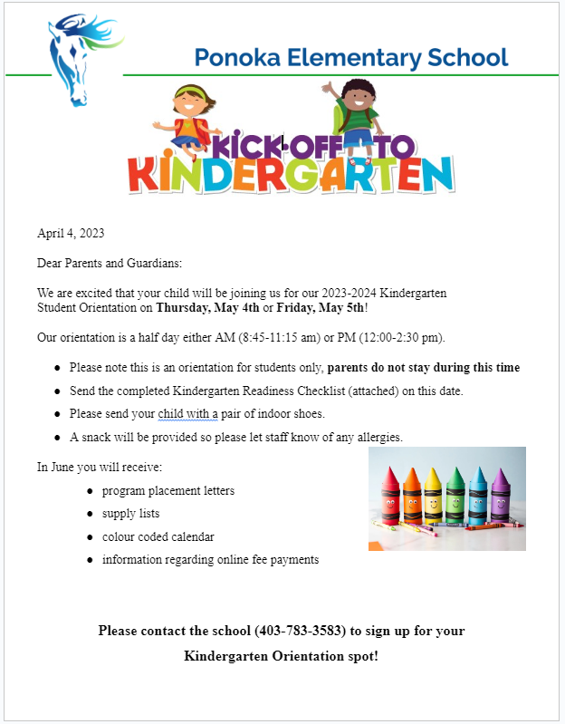 pes.wolfcreek.ab.ca/home/news/post… - If you have already registered for Kindergarten this fall, please contact the school to book a spot for Kindergarten Orientation this May! A letter is coming home this week to those who have already completed online registration.
