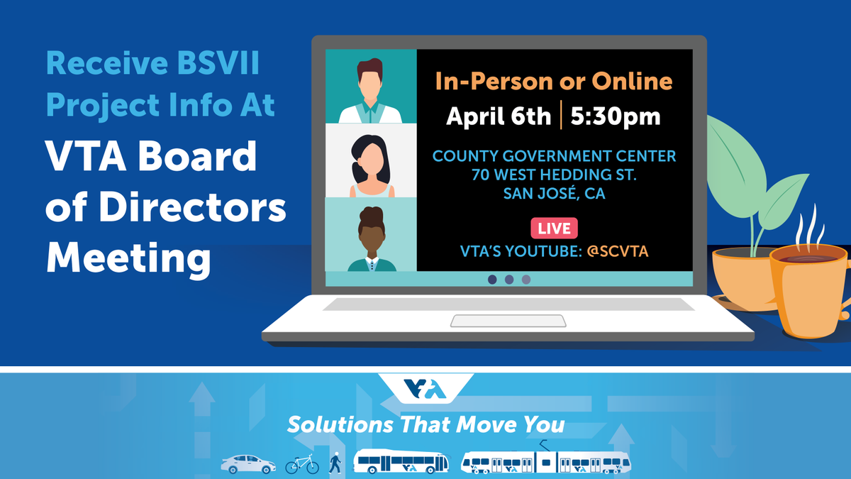 vtabsv2's tweet image. Tune in to the upcoming VTA Board of Directors meeting on Thursday, April 6th, at 5:30 pm, to hear updates about the VTA’s BART Silicon Valley Phase II Extension Project! For more info and to attend the meeting, please visit: bit.ly/3Gg1n8U #barttosiliconvalley #scvta