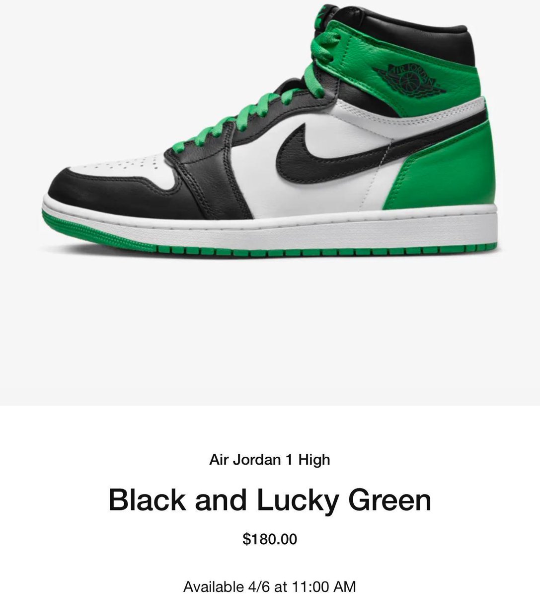 SneakerPings's tweet image. Air Jordan 1 High OG ‘Lucky Green’ Nike SNKRS Exclusive Access. 

Exclusive Access will be sent out to select accounts tomorrow at 12PM EST / 9AM PST 

Link: bit.ly/4113Uvt