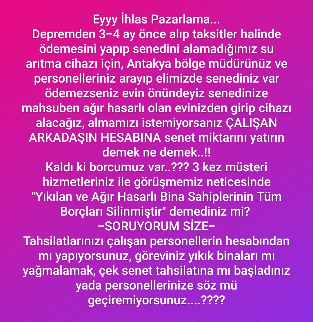 AMAN DİKKAT bugün bize yarın size..!
<a href="/tcbestepe/">T.C. Cumhurbaşkanlığı</a> <a href="/TC_icisleri/">T.C. İçişleri Bakanlığı</a> <a href="/EmniyetGM/">Türk Polis Teşkilatı</a> <a href="/barolar/">Türkiye Barolar Birliği</a> <a href="/HatayBaro/">HATAY BAROSU</a> <a href="/HatayValiligi/">T.C. Hatay Valiliği</a> @IhlasHoldingAS <a href="/ihlaspazarlama/">İhlas Pazarlama</a> 
#Deprem #depremzede #yağma #ihlaszedelerGörmezdenGelinemez #Twitter #tuerkiye