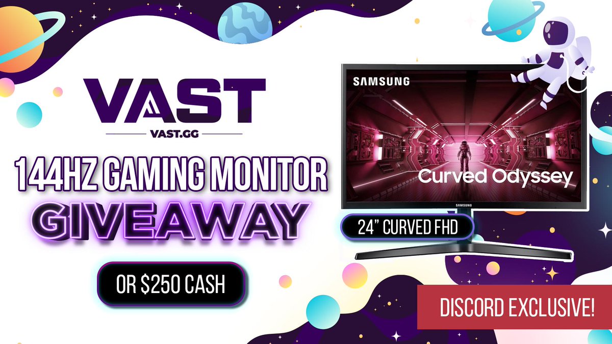 We're super excited to announce this 144Hz Curved Gaming Monitor Giveaway!

To enter, perform these tasks via the link below:  - 

♥️ Retweet this tweet

Enter Here: vast.link/Vast-Discord