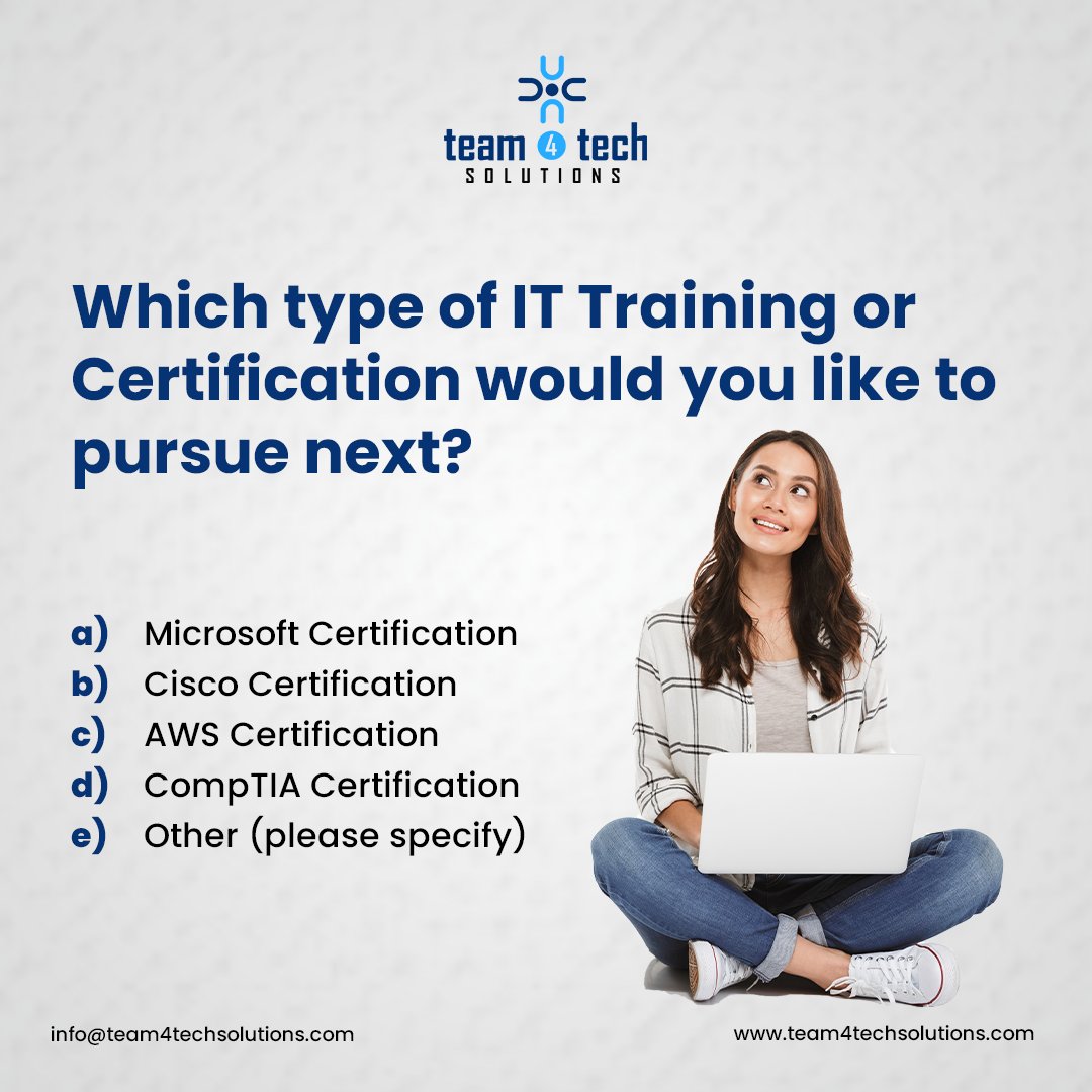 T4Tsolutions's tweet image. Which type of IT training or #Certification would you like to pursue next?

Follow for more @team4techsolutions 

#question #questions #questioning #questioneverything #QuestionOfTheDay #QuestionLook #questionmark 

info@team4techsolutions.com
Team4techsolutions.com