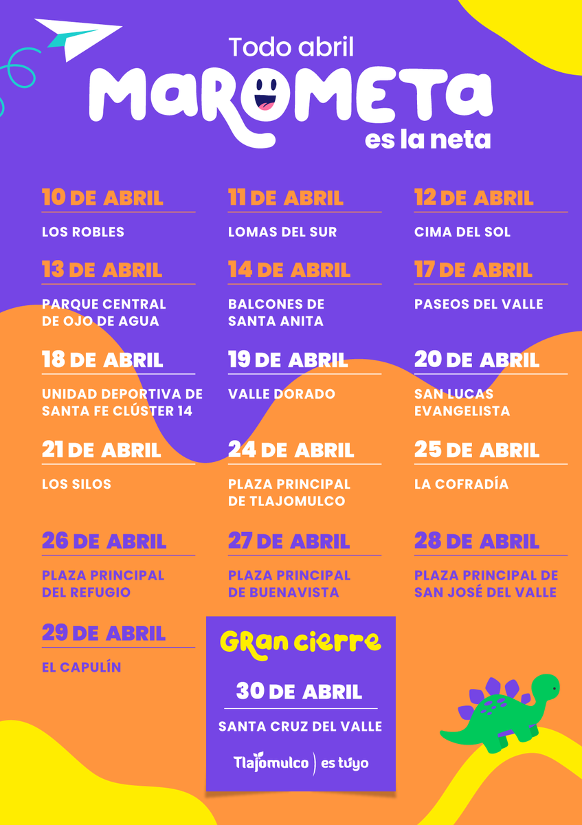 GobTlajomulco's tweet photo. 🎉🤸‍♀️🎊 Este 10 de abril comienza el #FestivalMarometa en Los Robles, ¡y los esperamos a todos y todas a partir de las 4 de la tarde! 👭👬👫 Descubre la diversión en compañía de niños y niñas. Entra al enlace 👉 https://t.co/6sX9PqBDmK ¡No faltes! https://t.co/nAX44eM6rw