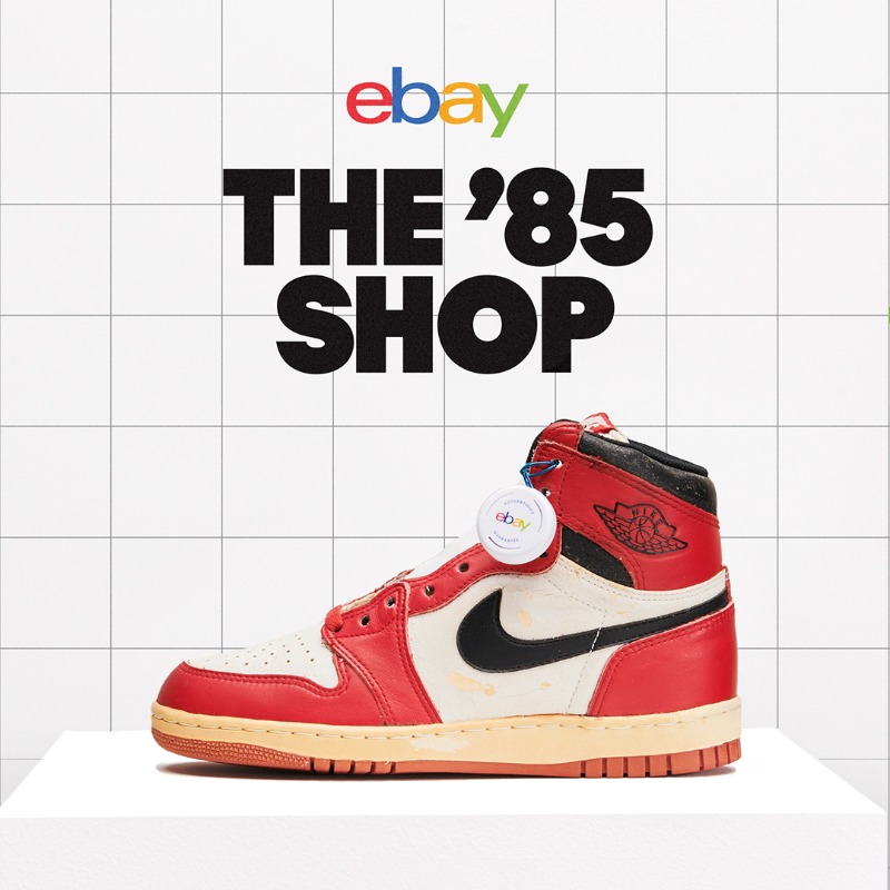 eBay's tweet photo. 🚨Calling all collectors, sneakerheads, basketball fans, and Chicago residents🚨The ’85 Shop opens IRL tomorrow.

Come check out items you won’t find anywhere else, like ’85 Jordan 1s and 👟's featured in the film “Air.”

Not in Chicago? The online shop is open now 👇 #eBay85Shop