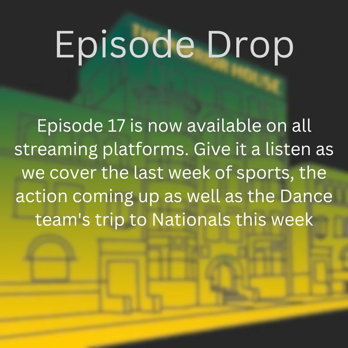 Episode 17 is now available on all streaming platforms. Give it a listen as we cover the last week of sports, the action coming up as well as the Dance team's trip to Nationals this week