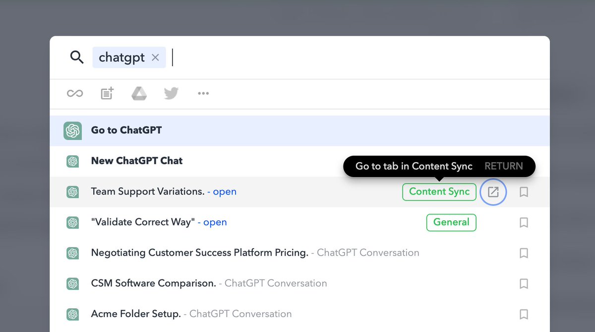 We've added support for searching your ChatGPT conversations in Workona! Just use the search query "ChatGPT" to quickly access your chats 🦾