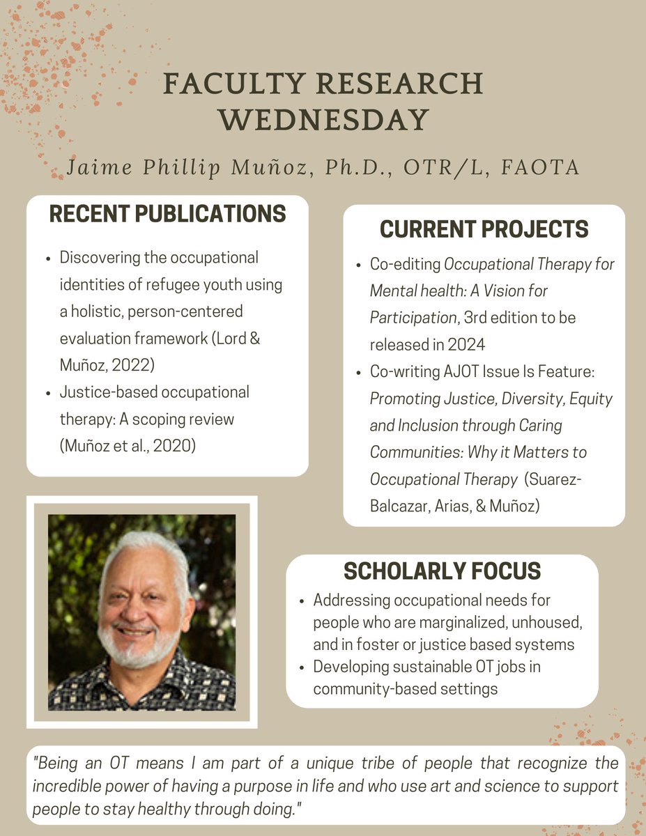 For our first Wednesday Research post, we highlight the current work of Dr. Jaime Phillip Muñoz, Ph.D., OTR/L, FAOTA and current visiting associate professor at CSU! Check out some of Dr. Muñoz’s recent publications, and keep an eye out for some future ones listed here!