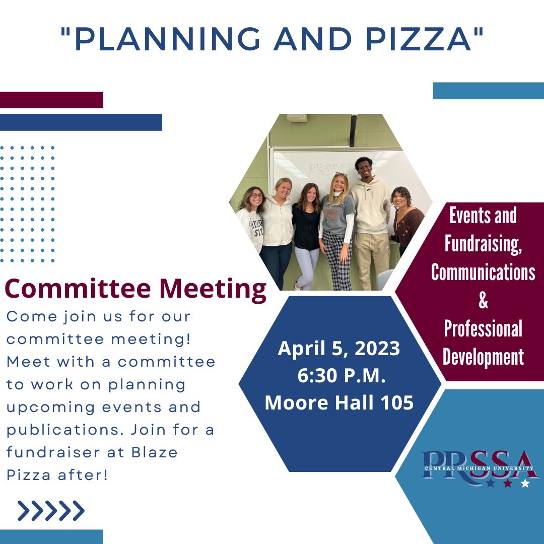 CMUPRSSA's tweet photo. Join us tonight in Moore 105 at 6:30 p.m. for a committee meeting to help plan for the banquet, blogs and podcasts. After the meeting we will be having a fundraiser at Blaze Pizza!
#cmuprssa #prpros https://t.co/AwDKmL1QnU