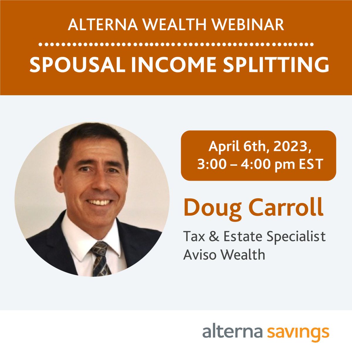 quintefirst's tweet photo. Tax season is here, and it's the perfect time to learn about Spousal Income Splitting.

Join our Alterna Wealth Webinar tomorrow, April 6th, at 3 pm EDT with Tax and Estate Specialist Doug Carroll. Register now to secure your spot. https://t.co/DmPxsLILEN https://t.co/Wrzj9OWAYK