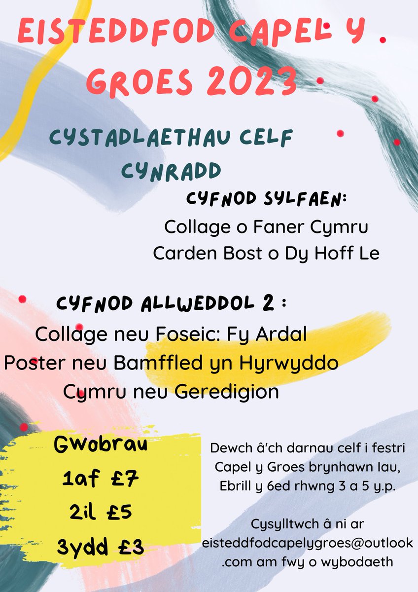 Cofiwch ddod â'ch darnau celf i festri Capel y Groes brynhawn fory! #cystadlu <a href="/steddfota16/">CymdeithasSteddfodau</a>