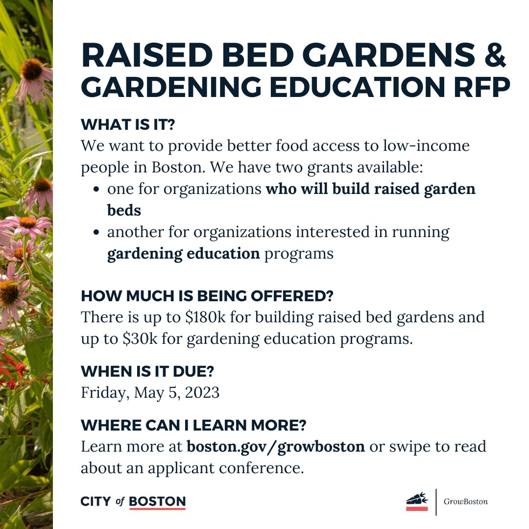 GrowBostonCOB's tweet photo. Learn more about our joint RFP with the Office of Food Justice to help get raised garden beds in households across the city! @BOSfoodjustice 
.
.
.
#growboston #officeoffoodjustice #growyourownfood #raisedgardenbeds #foodjustice https://t.co/SmjqyVk7Hz