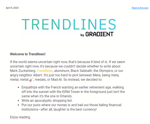 gradientmetrics's tweet photo. The world's scary, but let Trendlines distract you! This week's edition contains a lot of cheese, bottled water, and 💸. It also reveals the most shocking statistic we've encountered. Read more to find out! 

Get the stories 5,000+ subscribers trust: https://t.co/gmHyeejhQA https://t.co/T9nb99SpCq