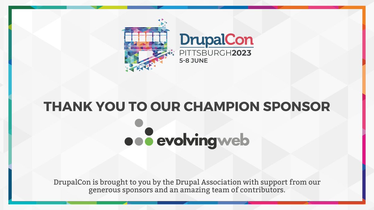 DrupalCon Chicago 2026 (@drupalcon) on Twitter photo Thank you to Champion, Higher-Education Summit, and Photo Booth sponsor <a href="/evolvingweb/">Evolving Web</a> for supporting #DrupalConPittsburgh 2023! Thank you to Champion, Higher-Education Summit, and Photo Booth sponsor <a href="/evolvingweb/">Evolving Web</a> for supporting #DrupalConPittsburgh 2023!