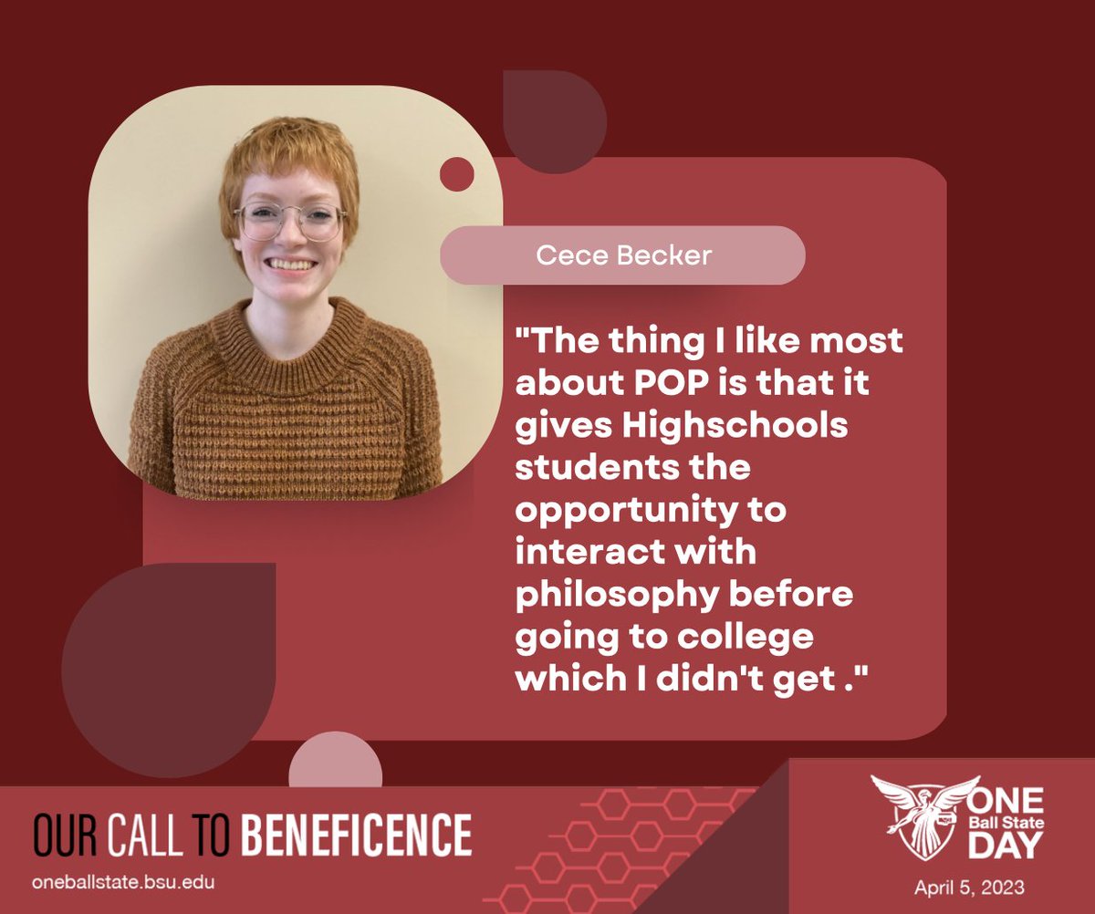 Philosophy major Cece is a first time POP member this year! She joined POP because she wants to help bring philosophy to younger people so they can interact with philosophy before college. Thank you Cece! #OBSD #philosophy #p4c <a href="/BallStateCSH/">Ball State CSH</a>