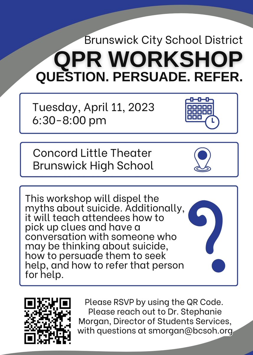 On Tues., 4/11, at 6:30 pm in the Concord Little Theater at BHS, BCSD will host a QPR workshop for parents and community members to teach warning signs and tools to help a person in a suicidal crisis.

Please RSVP so we can plan accordingly: ow.ly/xVCG50NBzbm