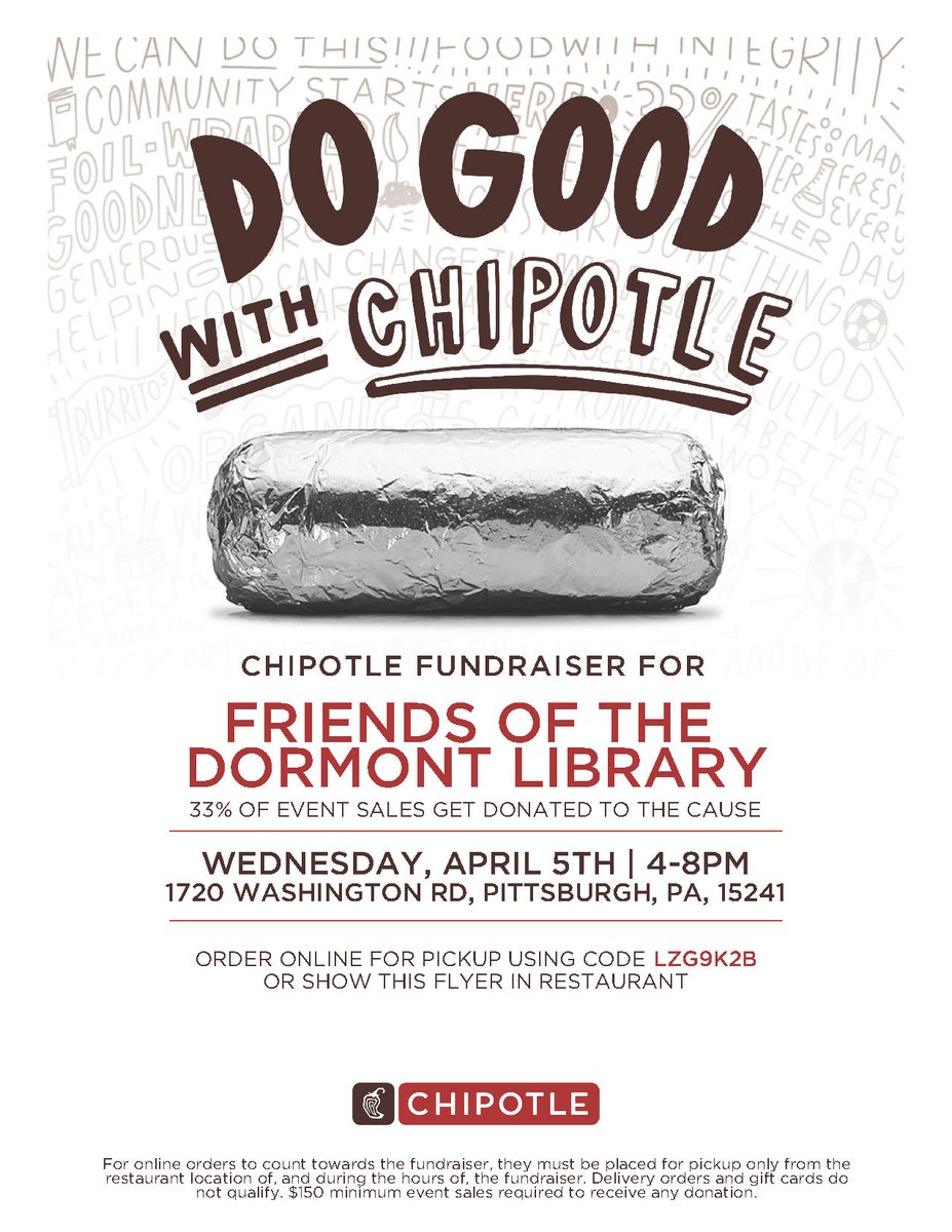 dormontlib's tweet photo. Thanks to our friends at Friends of the Dormont Library, you can get dinner wrapped up and off your plate at Chipotle Mexican Grill, tonight from 4-8PM! A portion of all sales benefit the library. https://t.co/iNS7happ2M