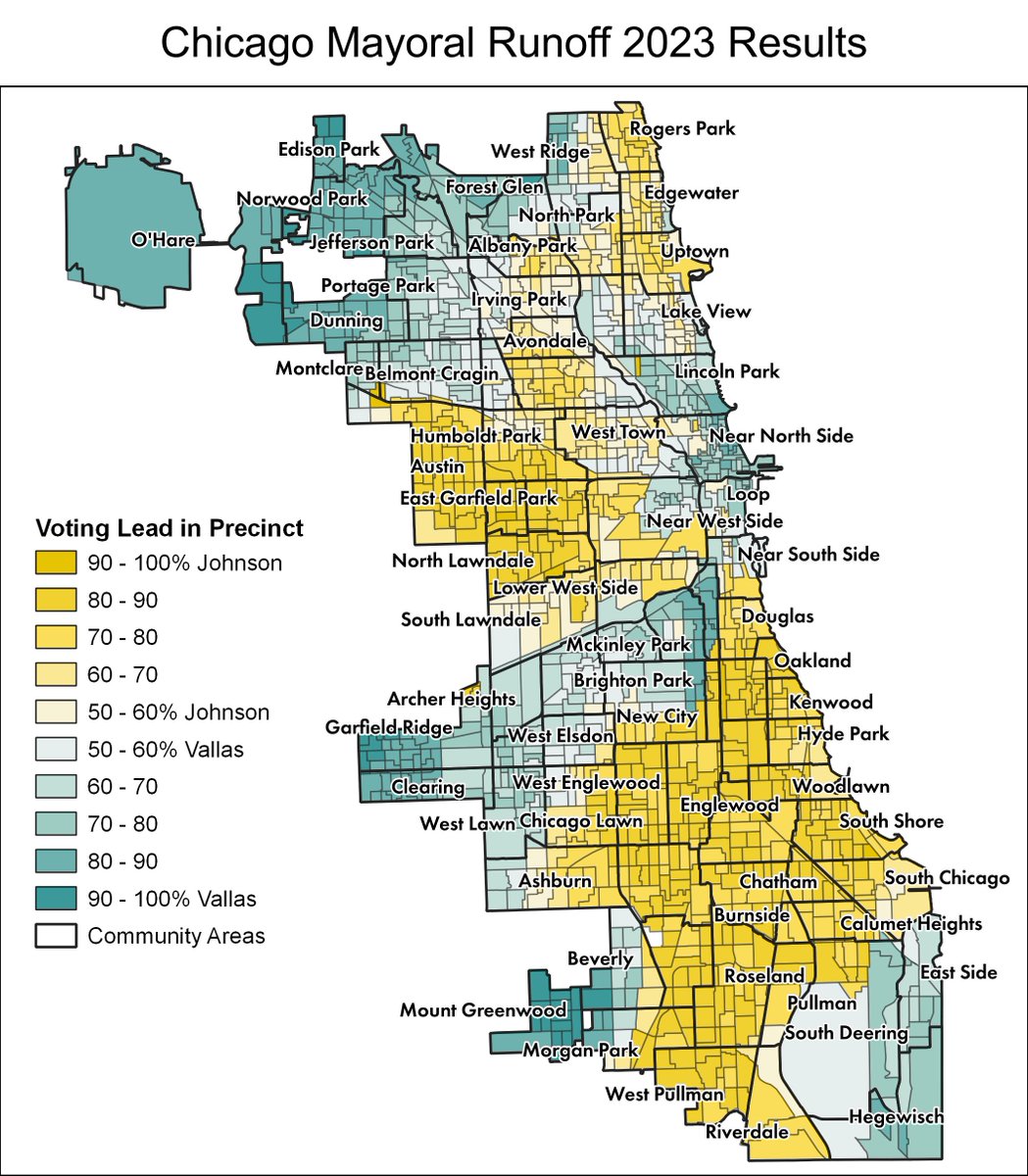 crysb's tweet photo. Whipped up a results map from the mayoral runoff yesterday using Chicago Board of Election Commissioners data from @BlockClubCHI &amp; match on color scheme from map by @BauerJournalism! Strong showing for Johnson in S&amp;W sides; high turnout for Vallas from police strongholds in Chi. https://t.co/HuGRNqgTT5