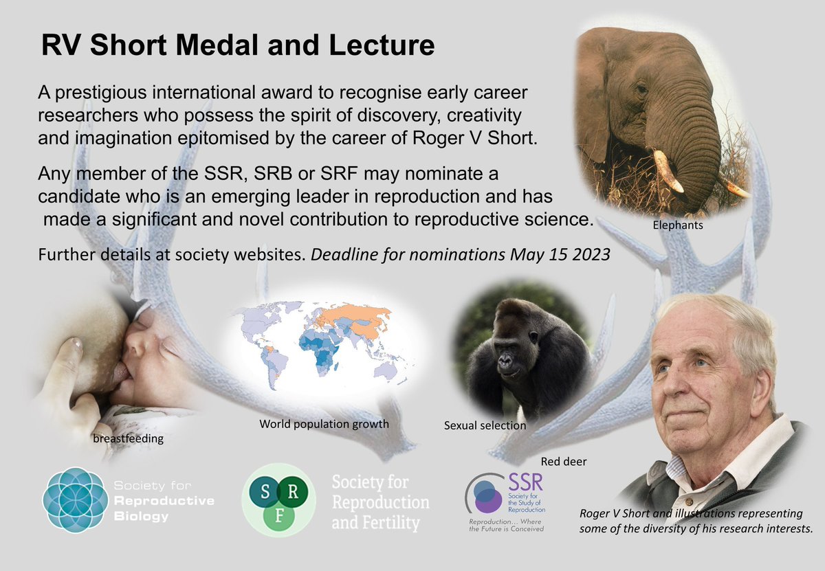 On behalf of <a href="/ReproductionSRB/">SRB</a>, @SRF_Repro &amp; <a href="/SSRepro/">SSR</a>, I am delighted to call for nominations for the Roger Short Medal. Sponsored by our sister societies, this Medal recognizes an early career scientist who epitomizes the values of Dr. Short. Please visit: tinyurl.com/bdzhms8b
