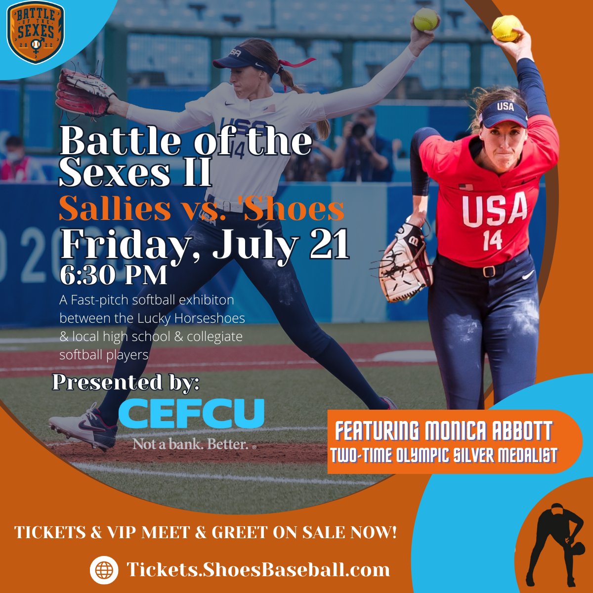 The Battle of the Sexes is back in 2023!

We'll be welcoming 2x U.S. Olympic Silver Medalist and NCAA career wins leader Monica Abbott! She'll be pitching against the 'Shoes and is available for Meet &amp; Greet opportunities!

Tickets are on sale NOW!

🎫: tickets.shoesbaseball.com/#/event-detail…