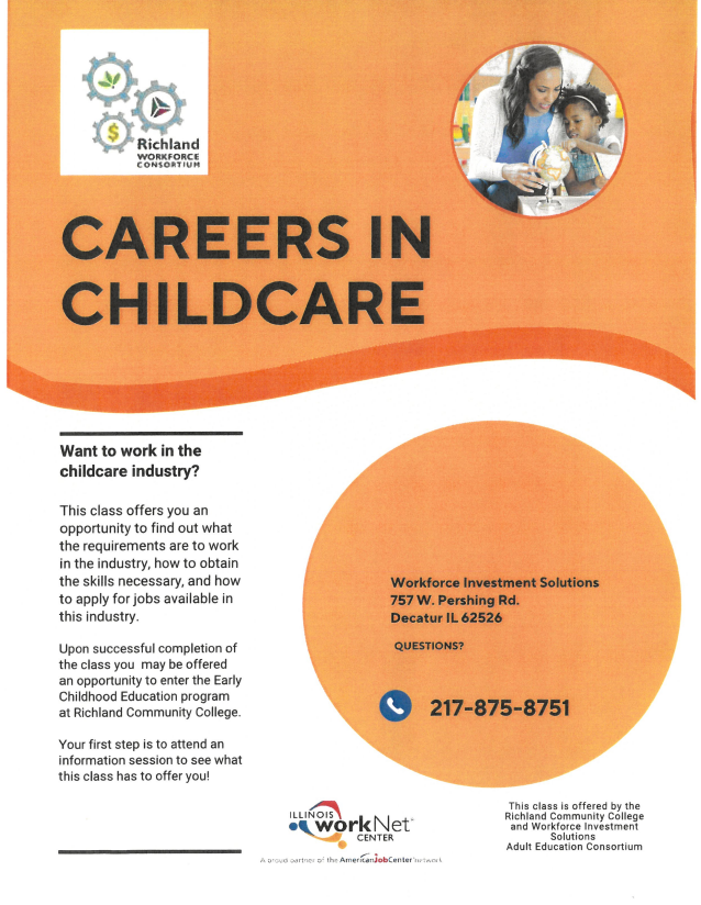 Interested in working in the childcare industry? <a href="/RCCDecaturIL/">Richland</a>  and Workforce Investment Solutions are thrilled to offer a FREE Careers in Childcare class! This class is the perfect first step to entering the Early Childhood Development program at Richland!