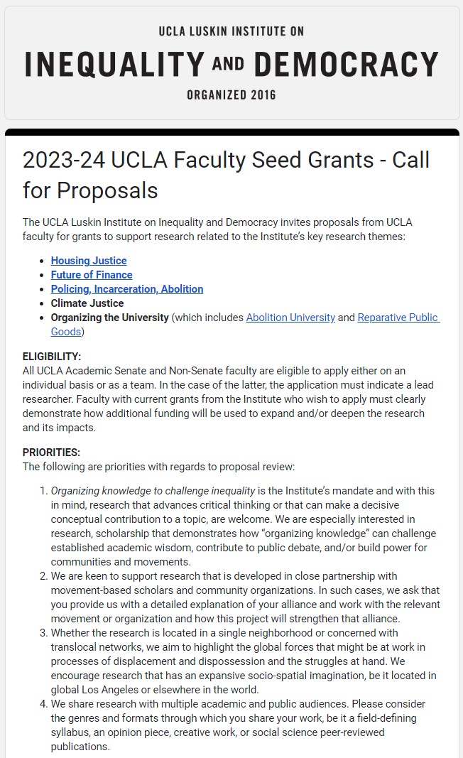 📣ATTN #UCLA Faculty: CALL FOR PROPOSALS >>@ChallengeIneq's annual Faculty Seed Grants (up to $10K) >> @MellonFdn Scholar-in-Community Seed Grant w/support for faculty to be in residence at/with a community-based org ($6K) >>Learn more & apply by May 30th: challengeinequality.luskin.ucla.edu/research-and-a…