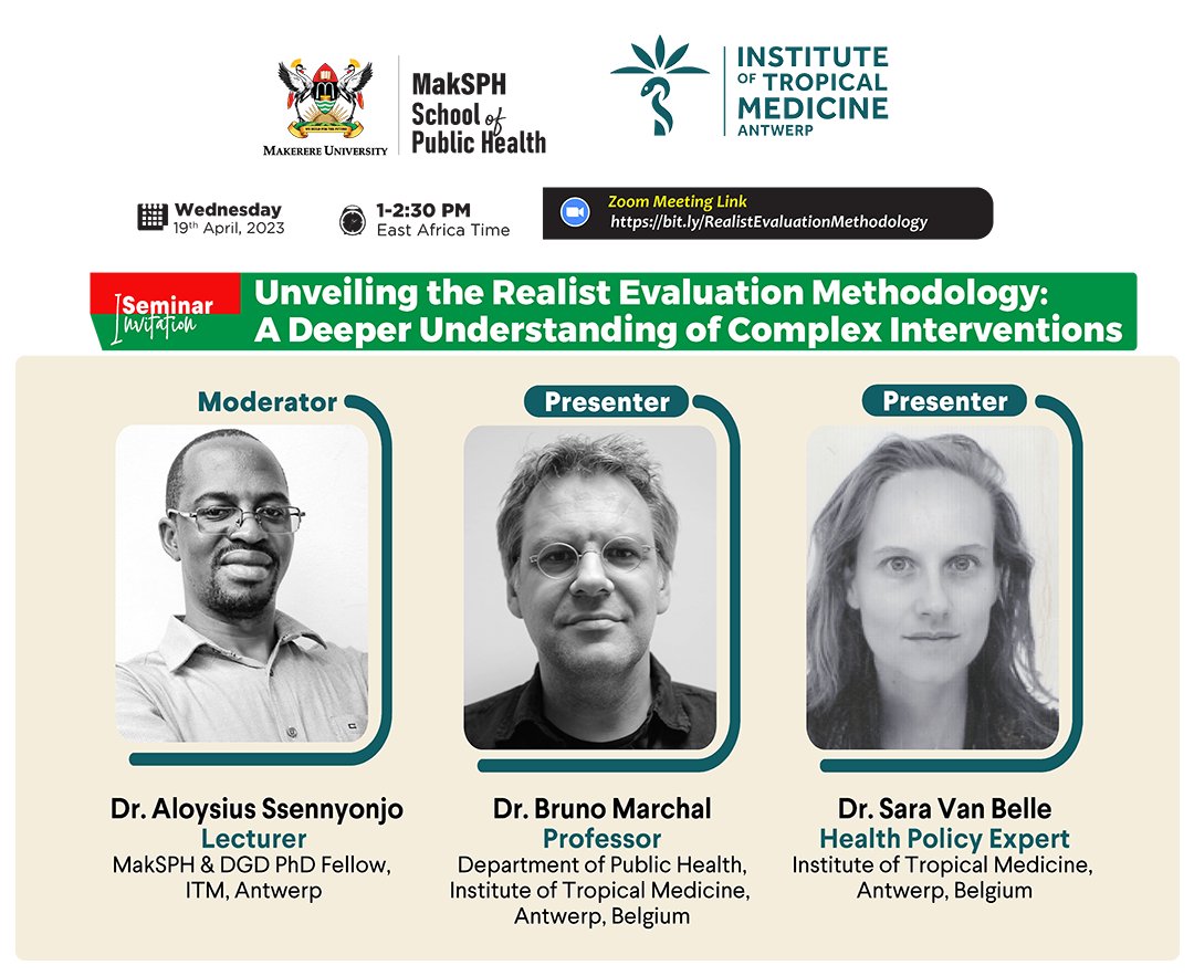 Join us for a lunchtime seminar on Unveiling the Realist Evaluation Methodology: A Deeper Understanding of Complex Interventions, hosted by @Makerere  & @ITMantwerp. Register here: bit.ly/RealistEvaluat… #RealistEvaluation #PublicHealth #ComplexInterventions