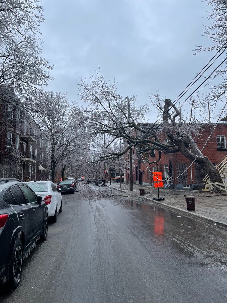 hydro_customer's tweet photo. The ice rain of the last few hours is causing #outages in several regions of Quebec. Outages are mainly caused by the weight of the ice that breaks branches and trees near the power grid and comes into contact with it.

The regions most affected are the greater region of @MTL__Ville, the Outaouais, the Montérégie and the Laurentians.

More than 500 people are currently on the ground to restore service as quickly as possible. As the weather event is still ongoing, more outages could occur and the situation may still evolve. It is therefore unfortunately not possible to give a precise recovery time for each location.

Thank you for your patience.