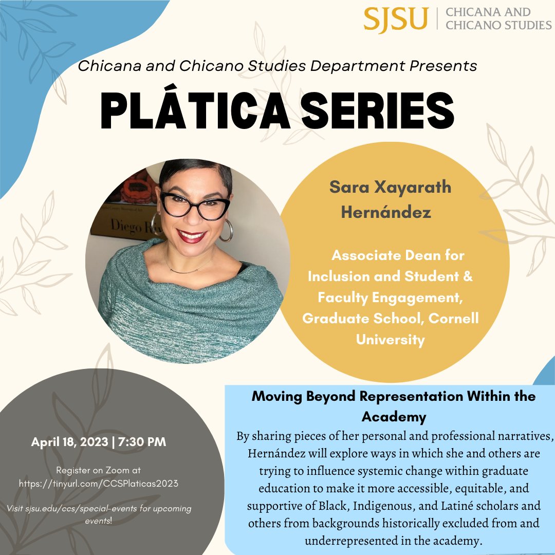 ccs_sjsu's tweet image. For this month&apos;s guest speaker on our Plática Series, we have Dr. Sara Xayarath Hernández. Please join us on April 18th, 2023 at 7:30 pm. We hope to see you there!
Link to register for the event: sjsu.edu/ccs/special-ev…