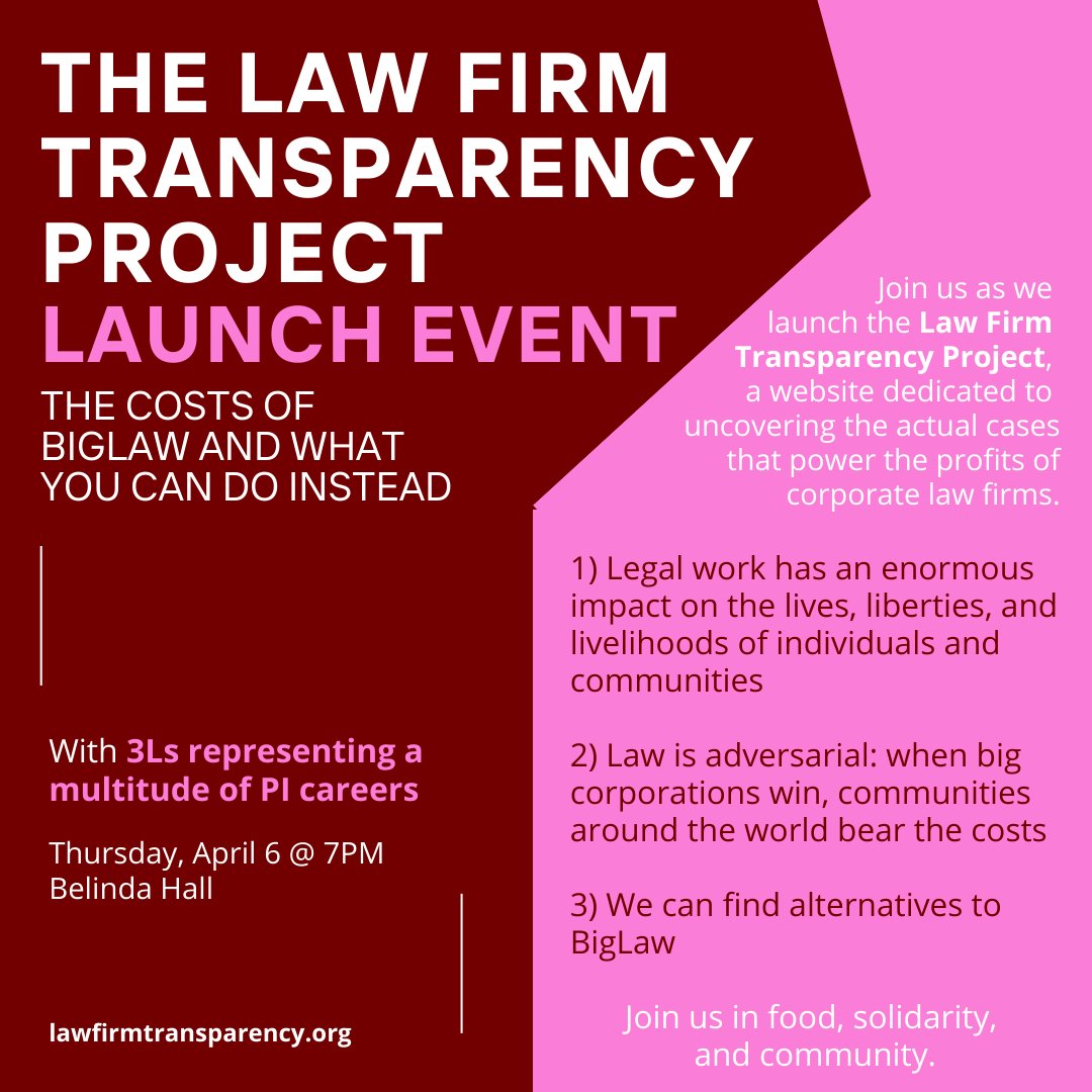 HarvardLPE's tweet photo. This Thursday at 7, Harvard LPE is co-sponsoring the launch of the Law Firm Transparency Project! The LFTP is a website (https://t.co/rakHuof1db) dedicated to uncovering the actual cases that power the profits of corporate law firms. Join us for pizza and community! https://t.co/UyZqm2BZuy