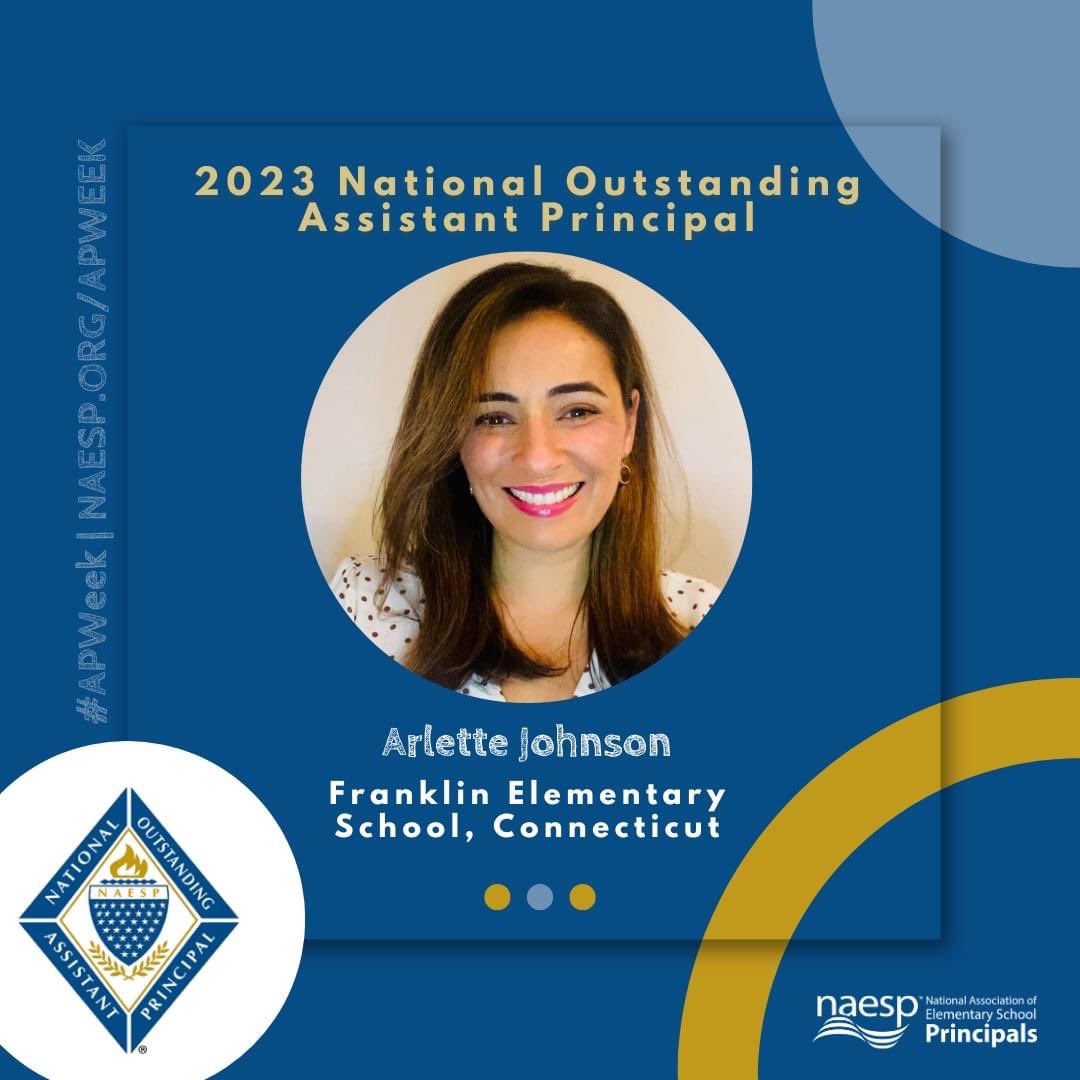 Congratulations to Assistant Principal @ArletteMJohnson at @BrilliantFalcon on being recognized as a 2023 National Outstanding Assistant Principal by National Association of Elementary School Principals.  #APWeek #AssistantPrincipalWeek @NAESP @SPS_CT