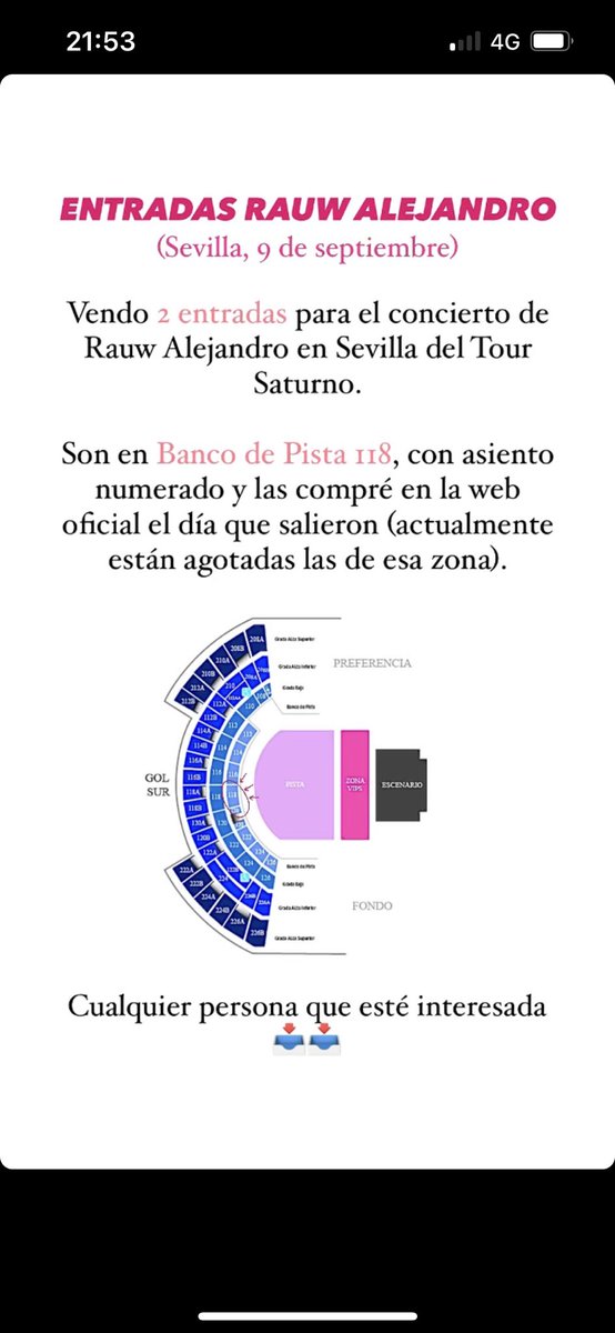 Vendo 2 entradas para el concierto de Rauw Alejandro en Sevilla (9 de septiembre), me voy de Erasmus en Agosto y m es imposible ir🥺 
Cualquier difusión ayudaa💗💗