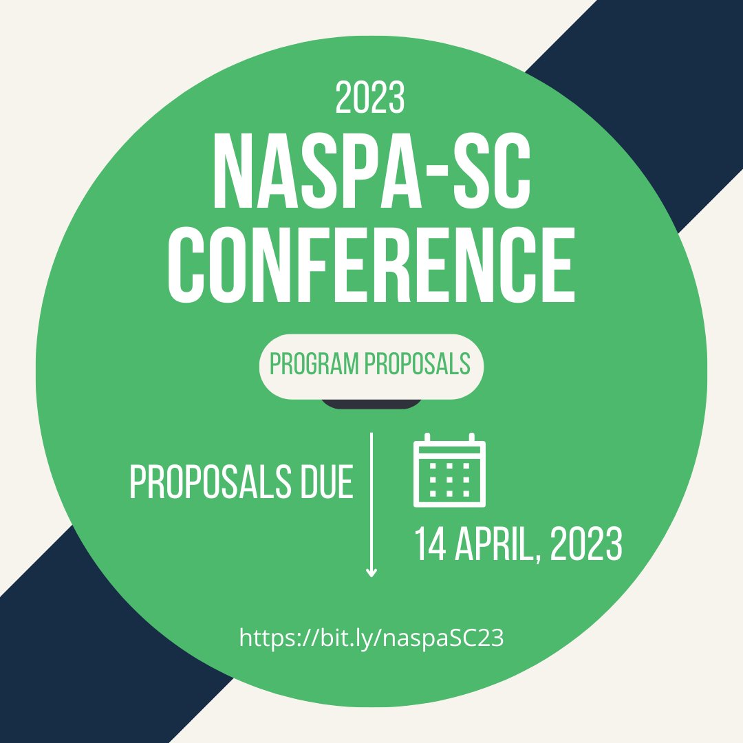 NASPASC's tweet image. NINE DAYS until the program proposal deadline for the NASPA South Carolina Annual Drive In Conference! Submit a session today! 
bit.ly/naspaSC23 
#naspa #sapro #sagrad