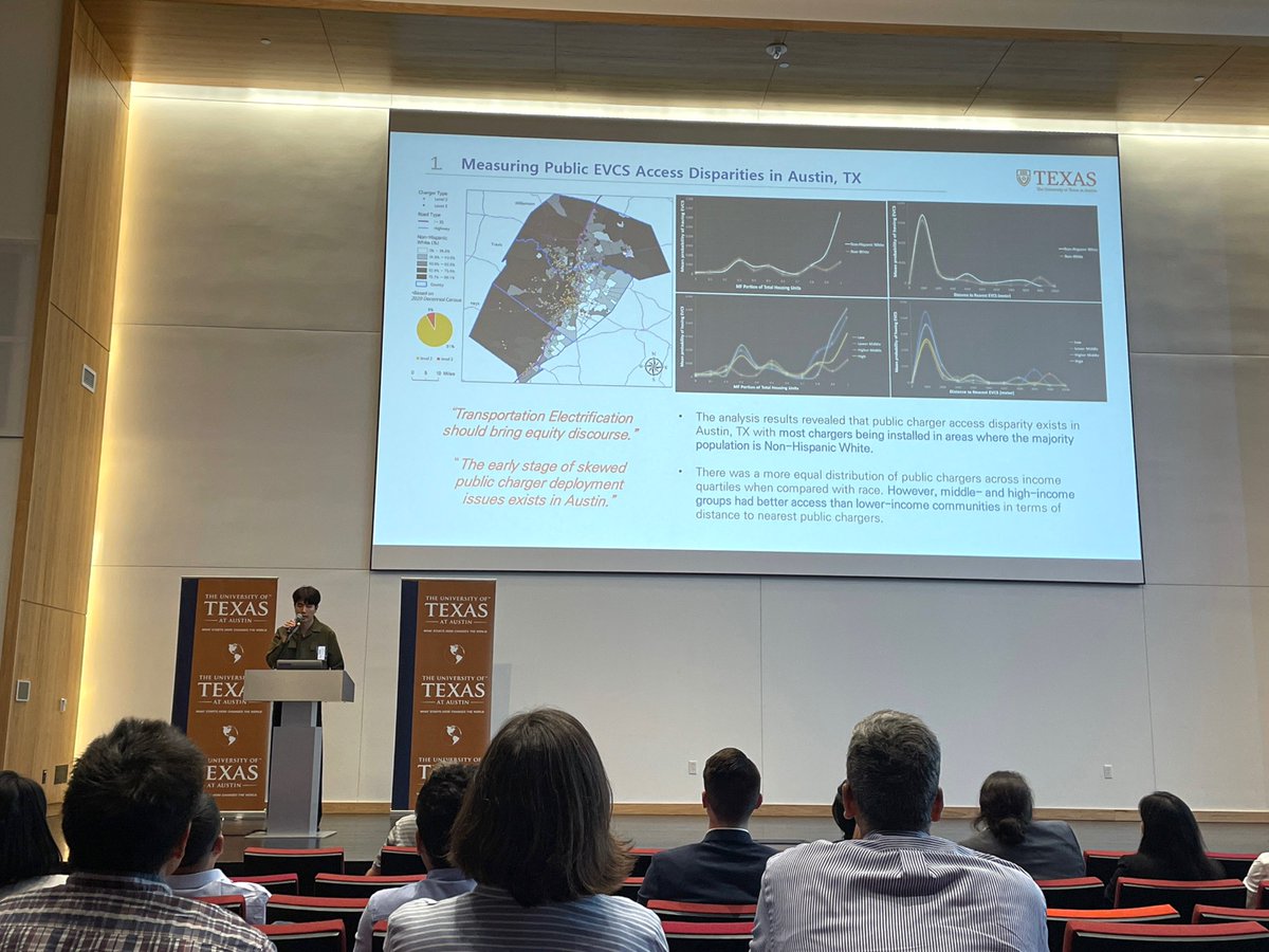 Seung Jun Choi, UIL member and PhD Fellow in UT's #EthicalAI #NSFNRT, presented 'Toward Equitable Transportation Electrification in Austin, TX' at @EnergyUT Week last week. Findings revealed disparities in location of #EVCS in Austin. Click to the second picture for an overview!