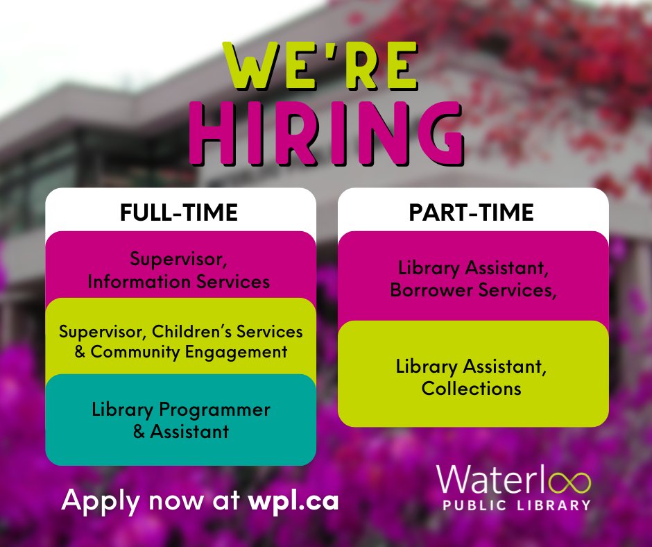 WaterlooLibrary's tweet photo. Come work with us at WPL! There are FIVE new exciting opportunities available - both part time and full time.
See the full job descriptions and how to apply here:
https://t.co/gpjEOd0ybA
#WaterlooON #KWAwesome #WaterlooJobs https://t.co/fm5r4q60UX