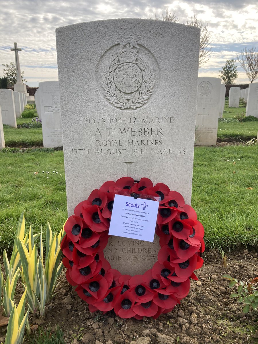 Watchetscouts's tweet photo. Day 5 #Normandy cycle expedition. Rest day no cycling but visit to @CWGC #DouvreslaDélivrande to pay respects to fallen #Watchet man Arthur Thomas Webber. @RoyalMarines . Wreath laid on behalf us &amp; #WatchetRBL @PoppyLegion @scouts @SomersetScouts @MoorsAndCoastal https://t.co/O0oo4yam8Q