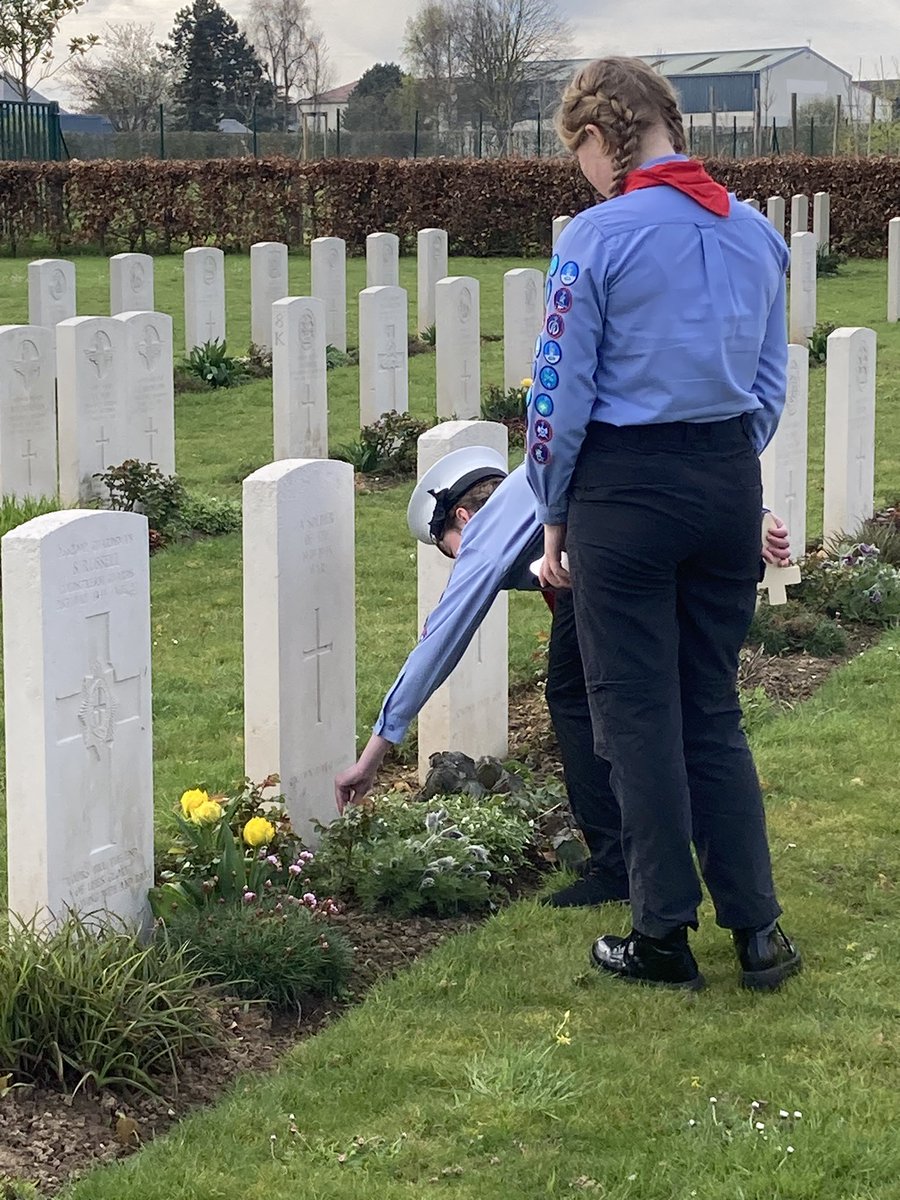 Watchetscouts's tweet photo. Day 5 #Normandy cycle expedition. Rest day no cycling but visit to @CWGC #DouvreslaDélivrande to pay respects to fallen #Watchet man Arthur Thomas Webber. @RoyalMarines . Wreath laid on behalf us &amp; #WatchetRBL @PoppyLegion @scouts @SomersetScouts @MoorsAndCoastal https://t.co/O0oo4yam8Q