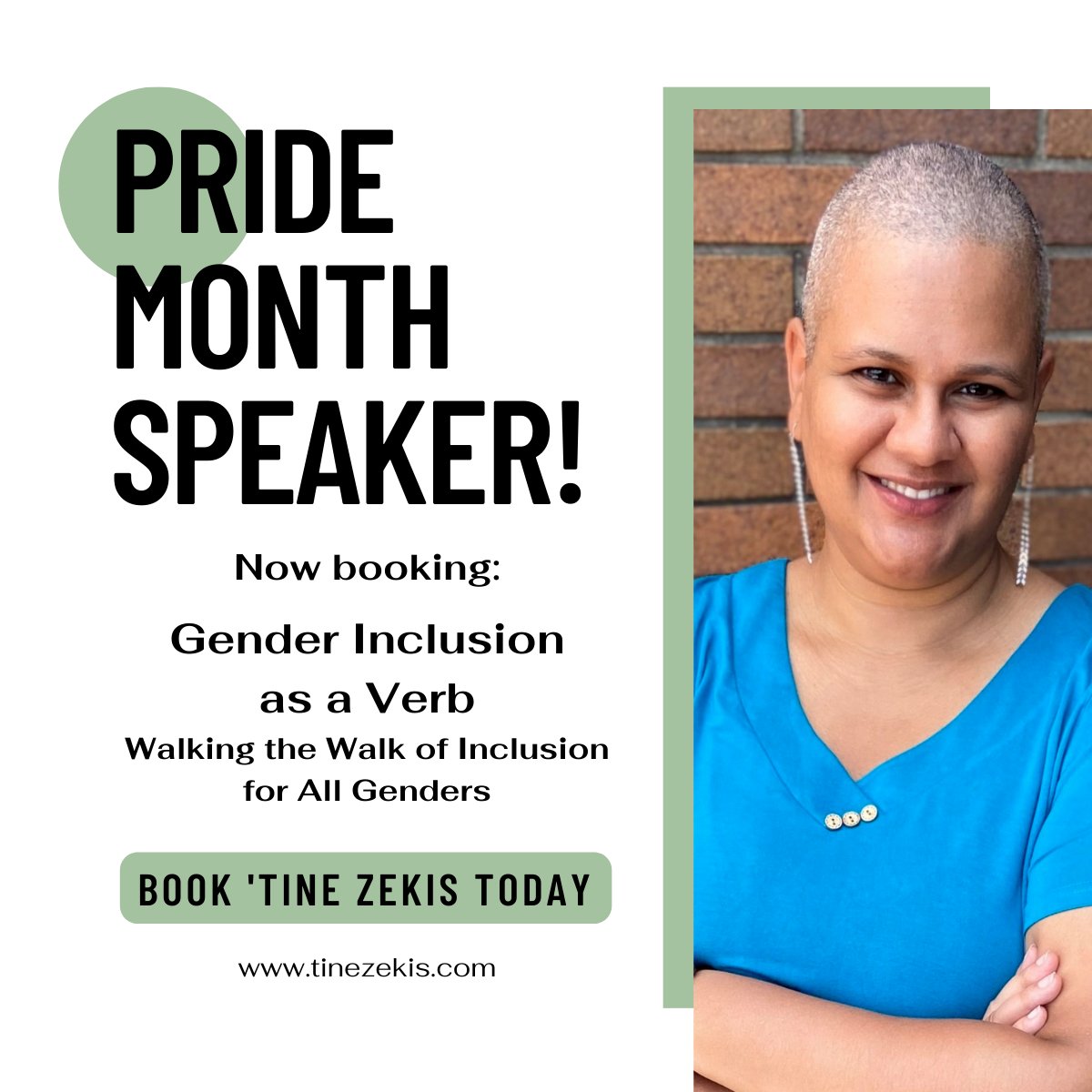 Pride Month is only a couple of months away! I'm currently taking bookings for my talk, Gender Inclusion as a Verb: Walking the Walk of Inclusion for All Genders.

Reach out through my website: tinezekis.com.

#GenderInclusion #PirdeMonth #pride #speaker #DEI #DEIB