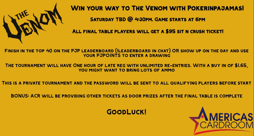 Live NOW! To celebrate the upcoming Sit n Crush Ticket giveaway I will be giving away 9x $11 ACR tickets AGAIN today.  Just follow, like and retweet to enter. Dont forget to get in here and earn your chance to win your way into the Venom!!! @ACR_POKER @ACRSTormers @TheGrindCrew