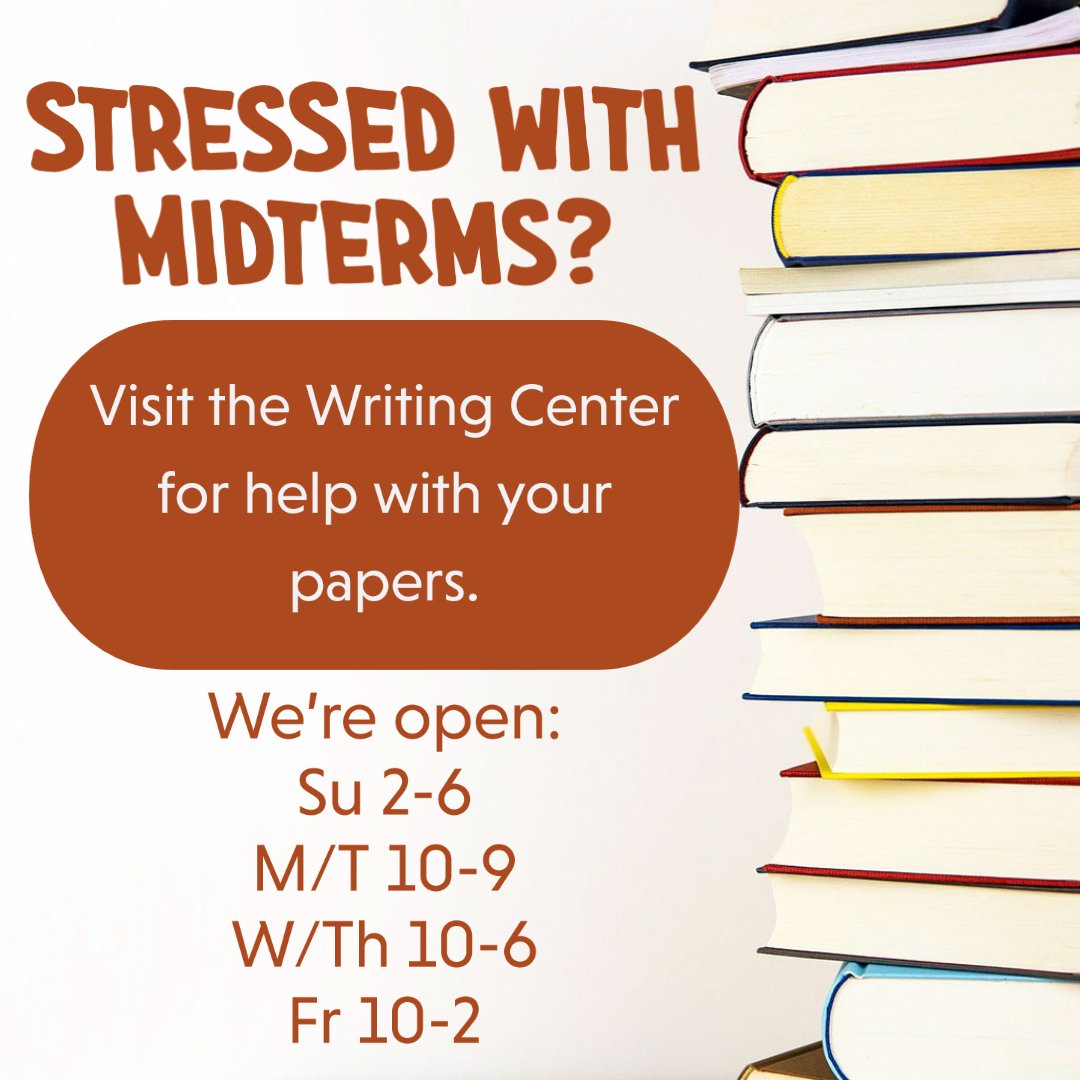UMassWC's tweet photo. Dear UMass Writer,

Are you feeling stressed about midterms? Try making an appointment at the Writing Center to work on your papers. https://t.co/4AsJReZbCp