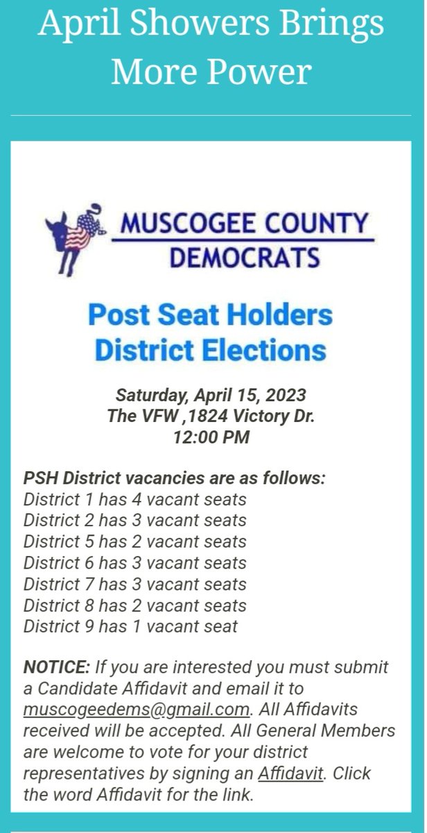 MuscogeeDems's tweet photo. PSH Elections - Sat., Apr. 15, 2023
The VFW ,1824 Victory Dr. @ 12:00 Noon - NOTICE: If you are interested you must submit a Candidate Affidavit. General Members are welcome to run and vote in your district by signing an Affidavit. Click here - https://t.co/oX2qDYj9uP https://t.co/GYcNp0phFM