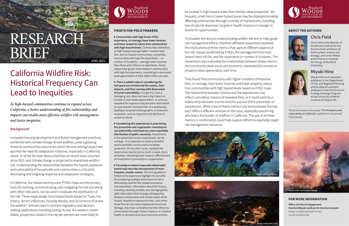 💡New points for policymakers on CA wildfire risk 🔥
Research brief by <a href="/chrfield/">Chris Field</a> <a href="/_miyukihino/">Dr. Miyuki Hino</a> shows how understanding #wildfire hazards, impacts, &amp; frequency can lessen inequities &amp; improve risk management: stanford.io/3Kbl9TY 
Read more <a href="/PLOSClimate/">PLOS Climate</a>: bit.ly/3GfWVXp