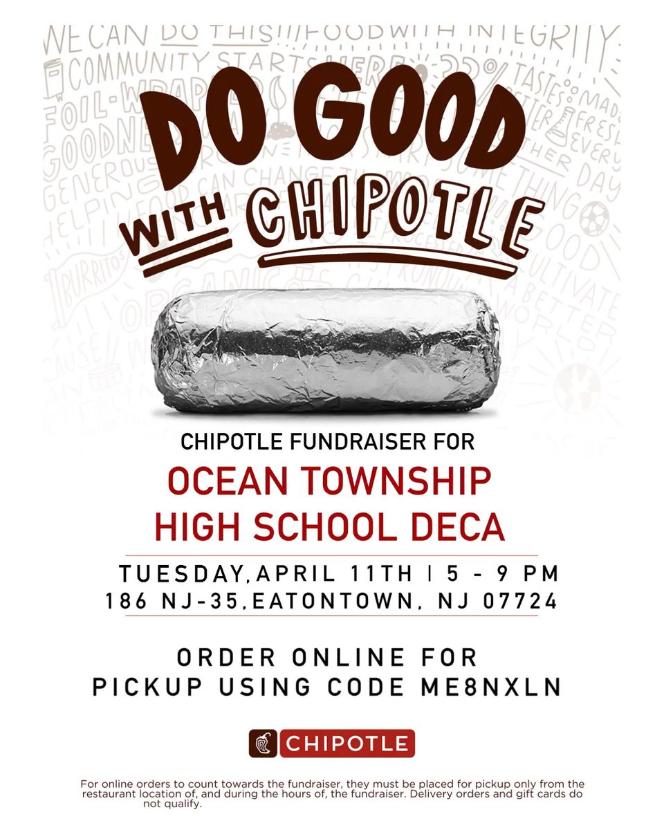 OceanDeca's tweet image. Buy some yummy food from Chipotle on Tuesday, April 11th to show support for OTHS DECA!